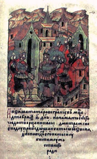 Взятие Киева монголами (1240 г.). Миниатюра из русской летописи XVI века 